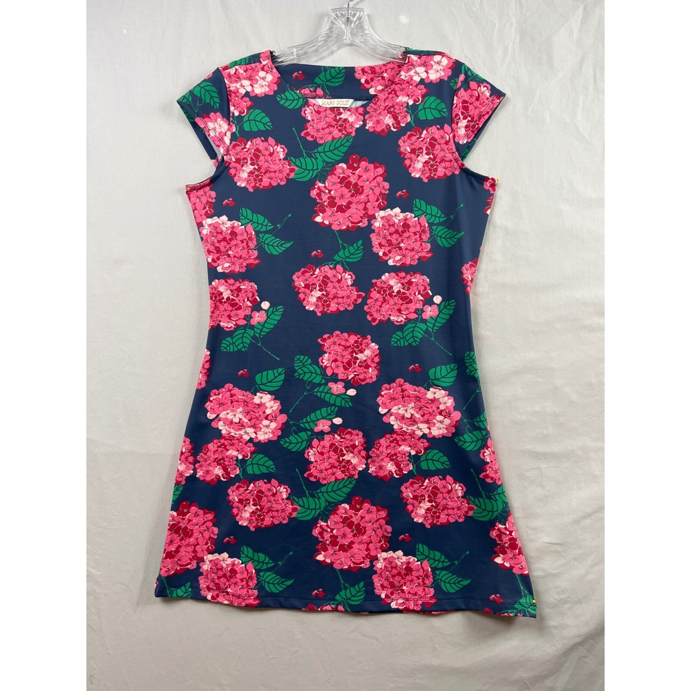 Mahi Gold Floral Shift Dress Womens L Navy Pink Cap Sleeve Vacation BeachStretch